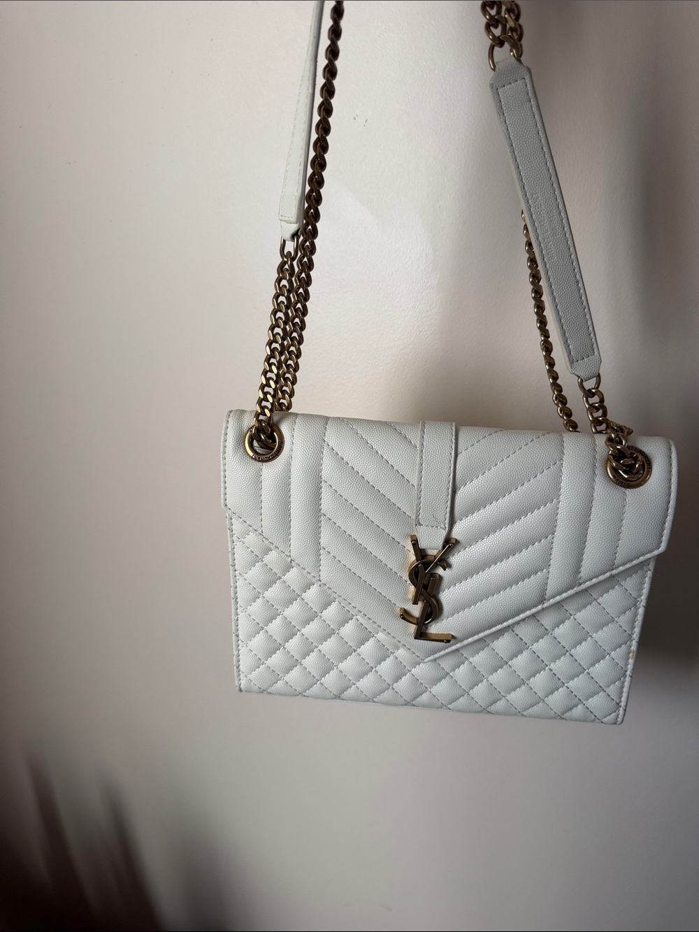 Saint Laurent Cream Quilted Leather Shoulder Bag with Gold Hardware